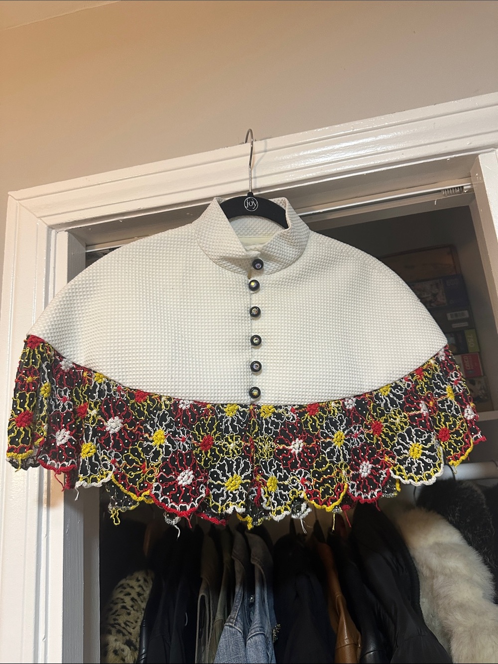 Vintage White Knit Capelet with Multicolor Crochet Trim